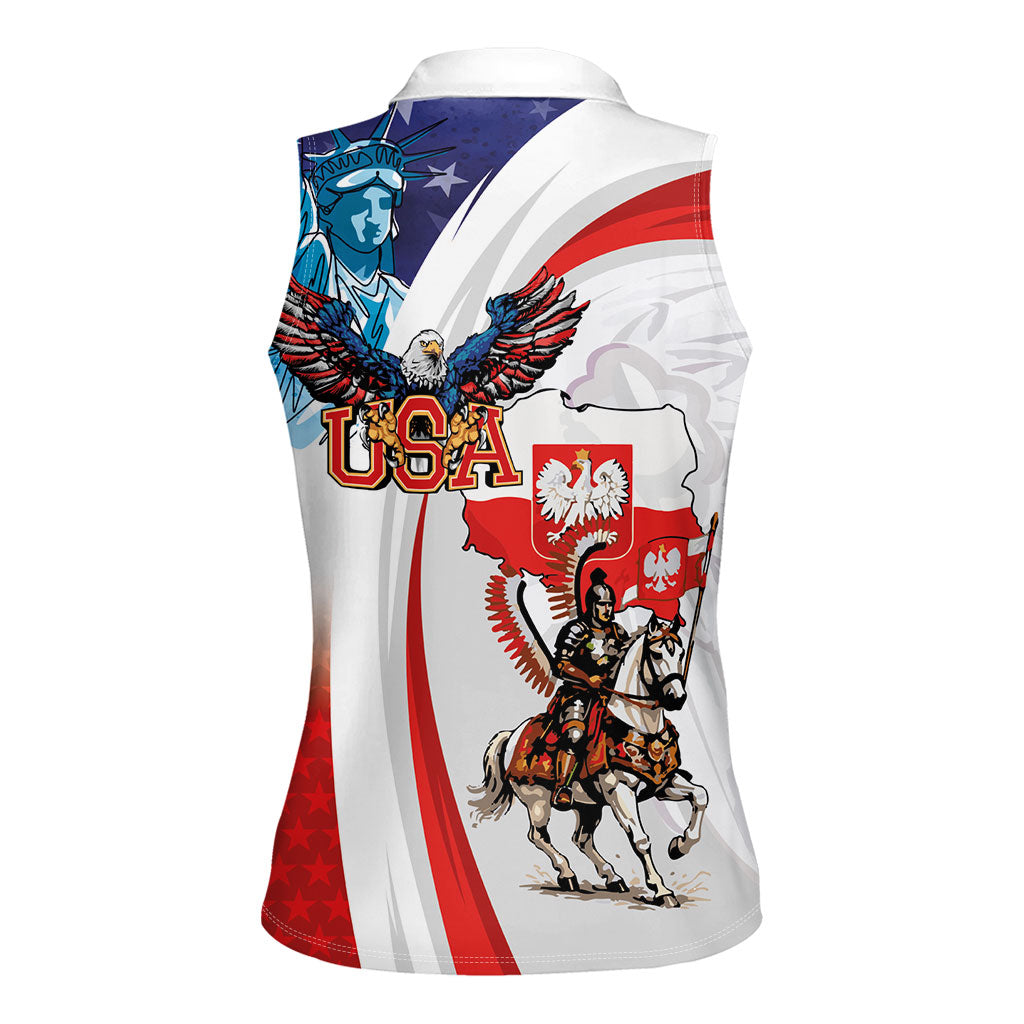 Polish American Heritage Month Women Sleeveless Polo Shirt Winged Hussar with USA Bald Eagle
