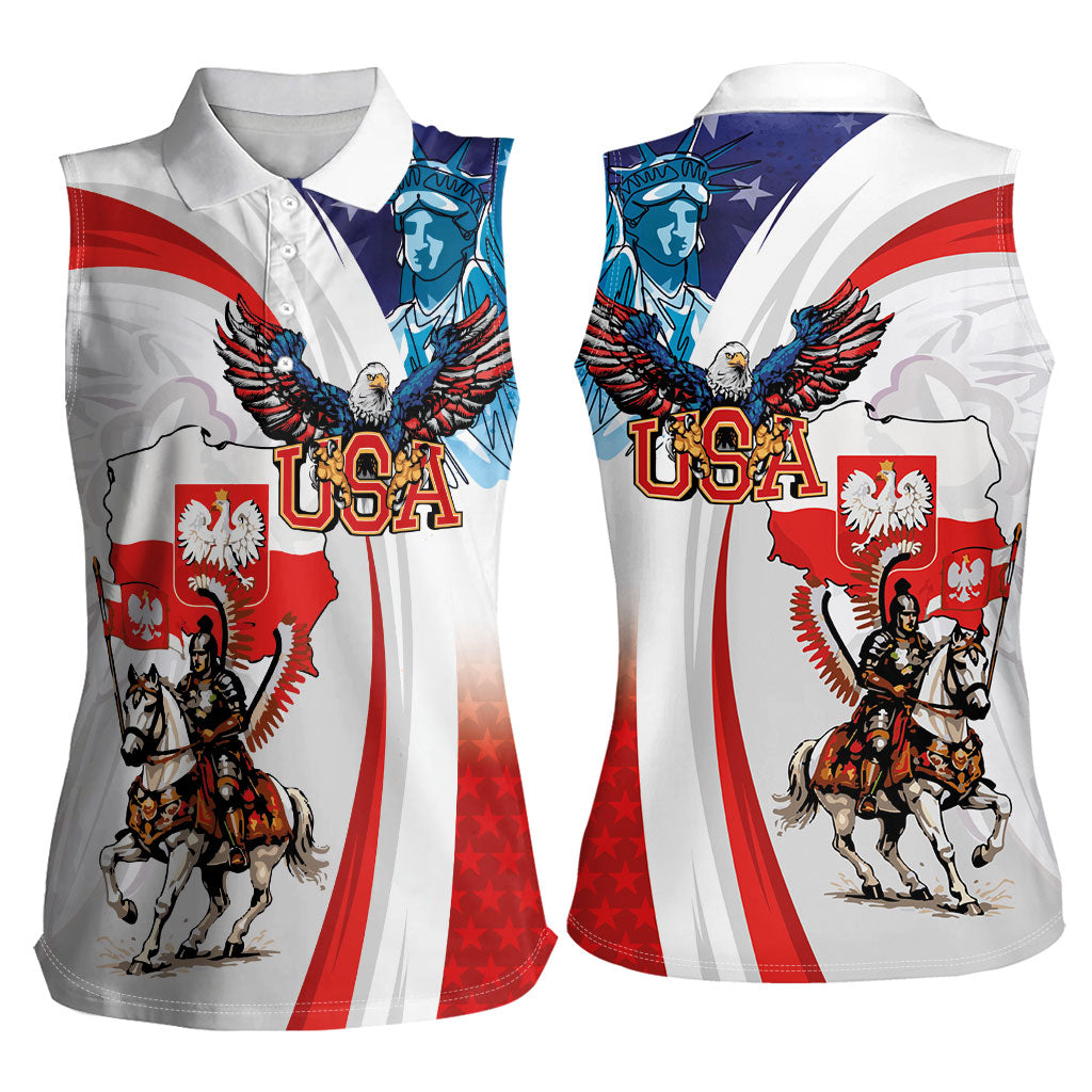 Polish American Heritage Month Women Sleeveless Polo Shirt Winged Hussar with USA Bald Eagle