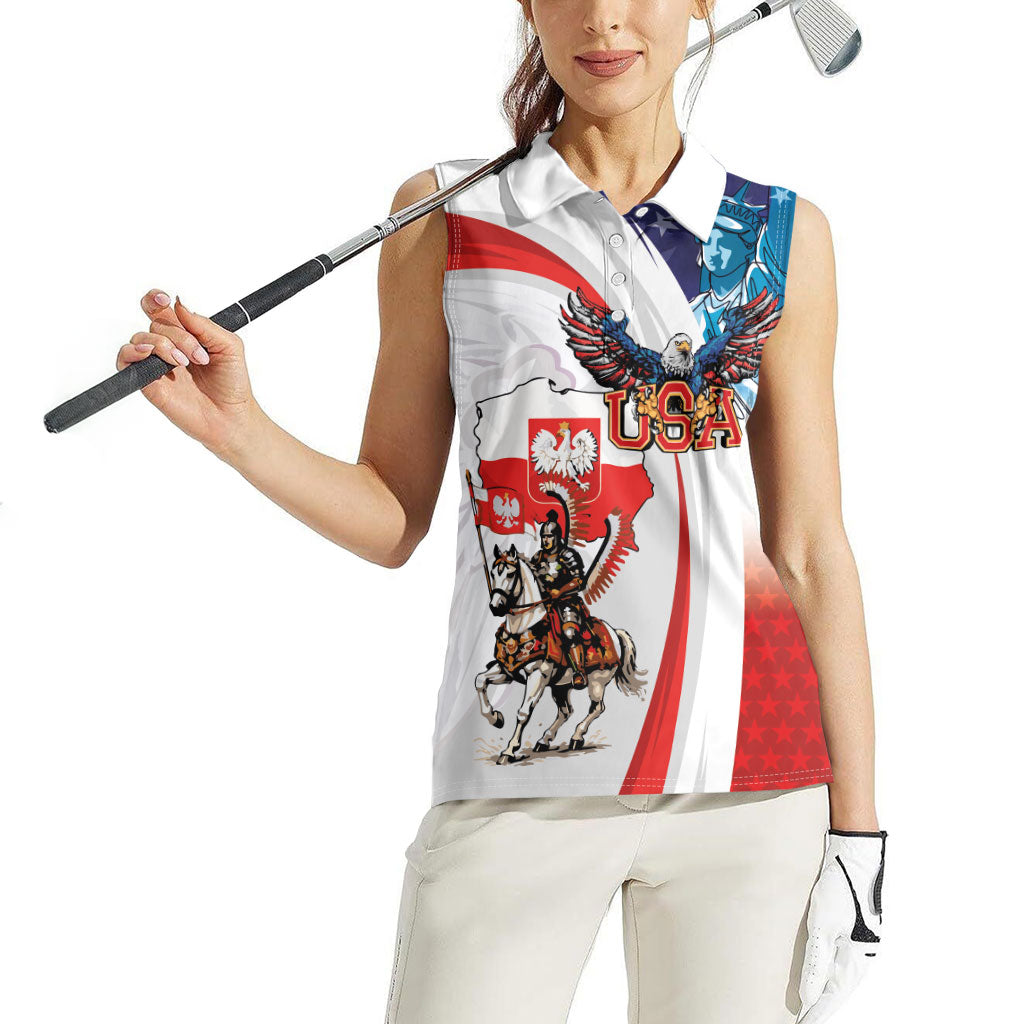 Polish American Heritage Month Women Sleeveless Polo Shirt Winged Hussar with USA Bald Eagle