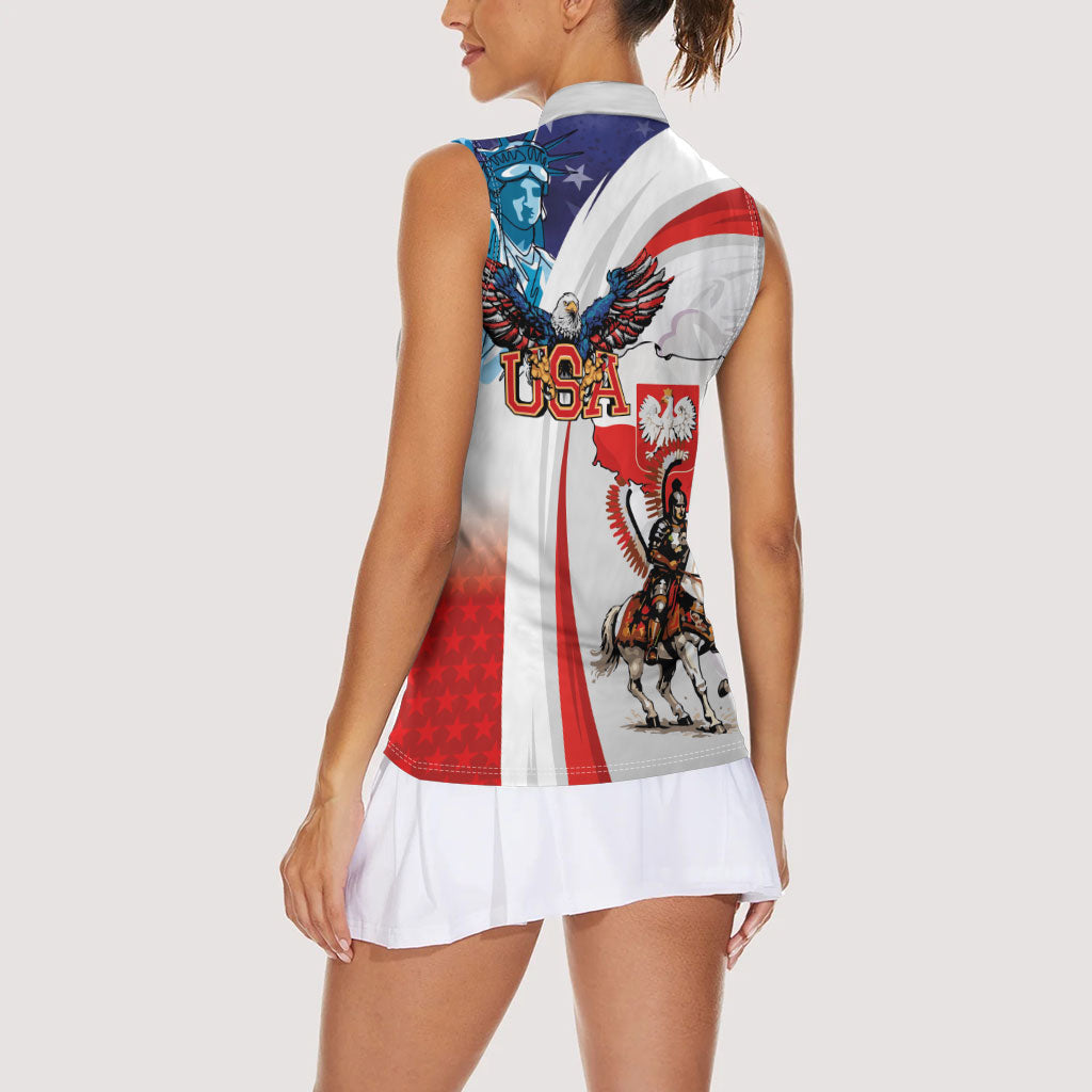 Polish American Heritage Month Women Sleeveless Polo Shirt Winged Hussar with USA Bald Eagle