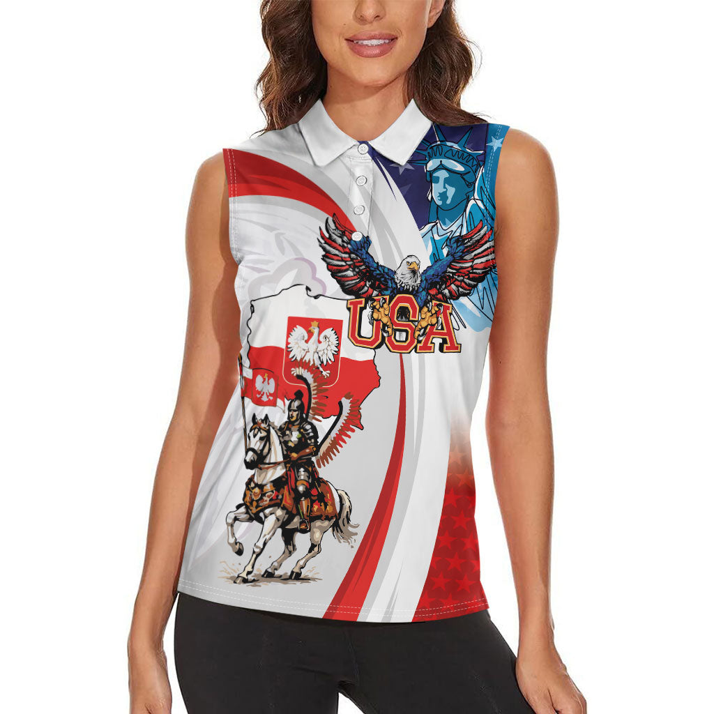 Polish American Heritage Month Women Sleeveless Polo Shirt Winged Hussar with USA Bald Eagle