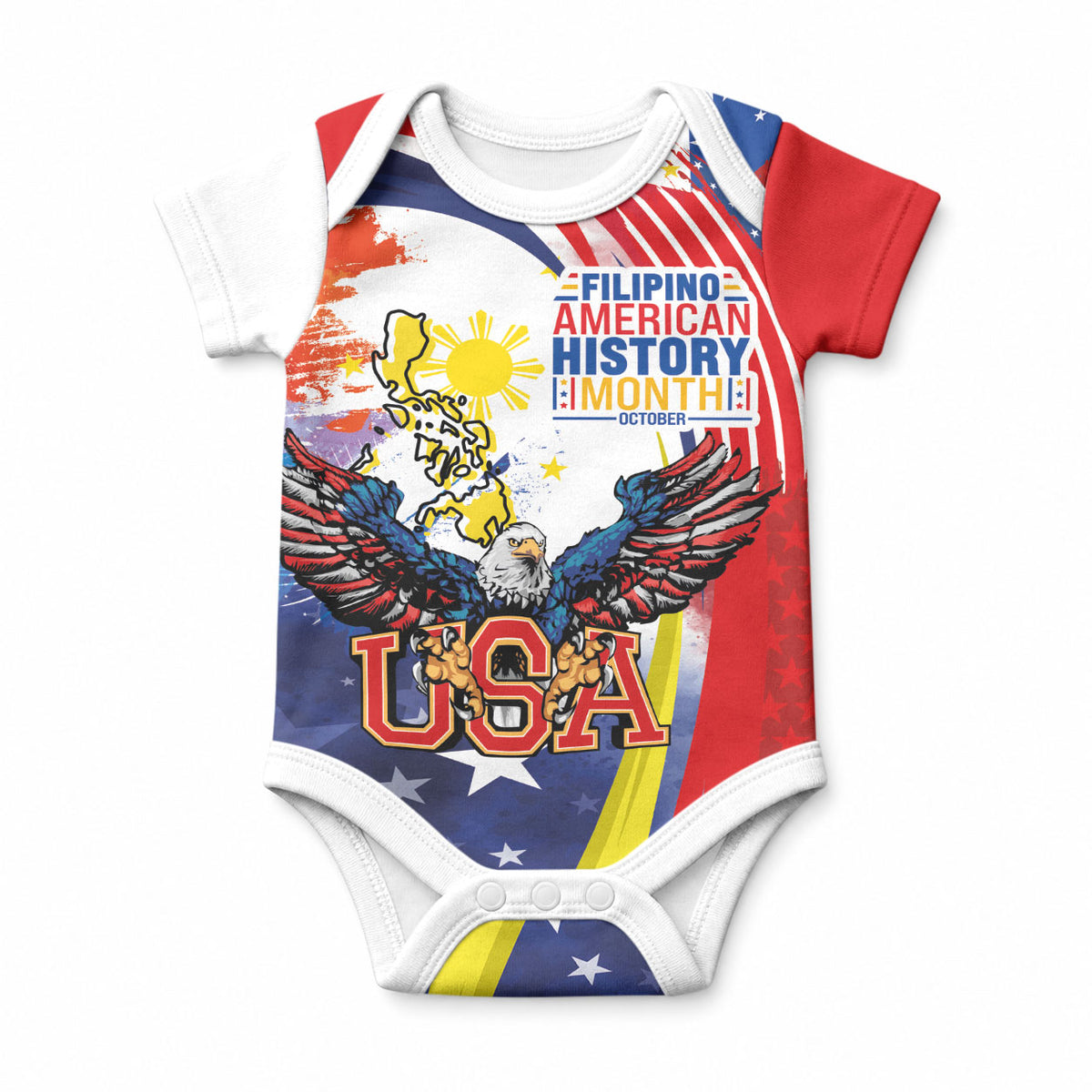 Filipino American History Month Baby Onesie USA with Elements of Philippines Design