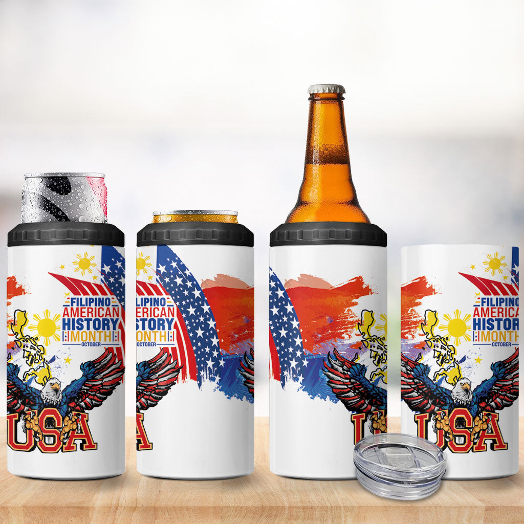 Filipino American History Month 4 in 1 Can Cooler Tumbler USA with Elements of Philippines Design