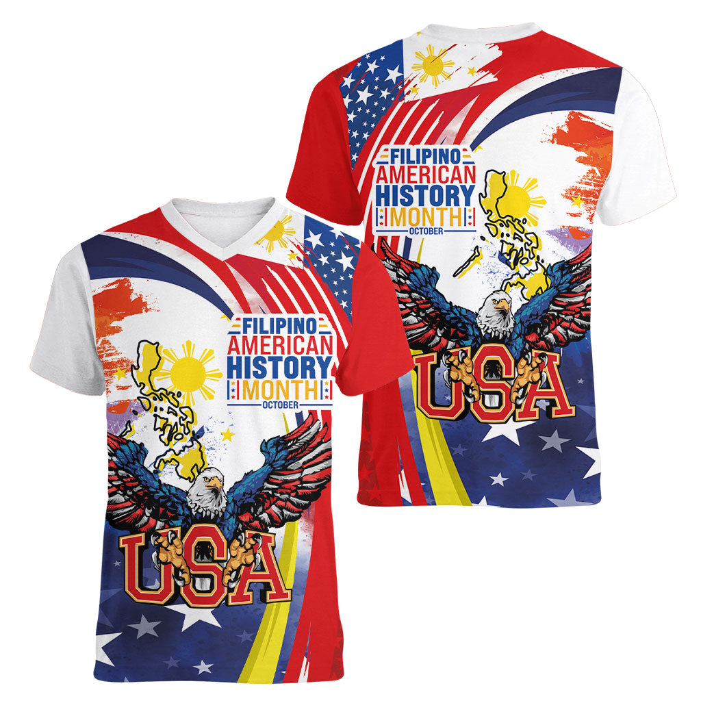 Filipino American History Month Women V-Neck T-Shirt USA with Elements of Philippines Design