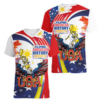 Filipino American History Month Women V-Neck T-Shirt USA with Elements of Philippines Design