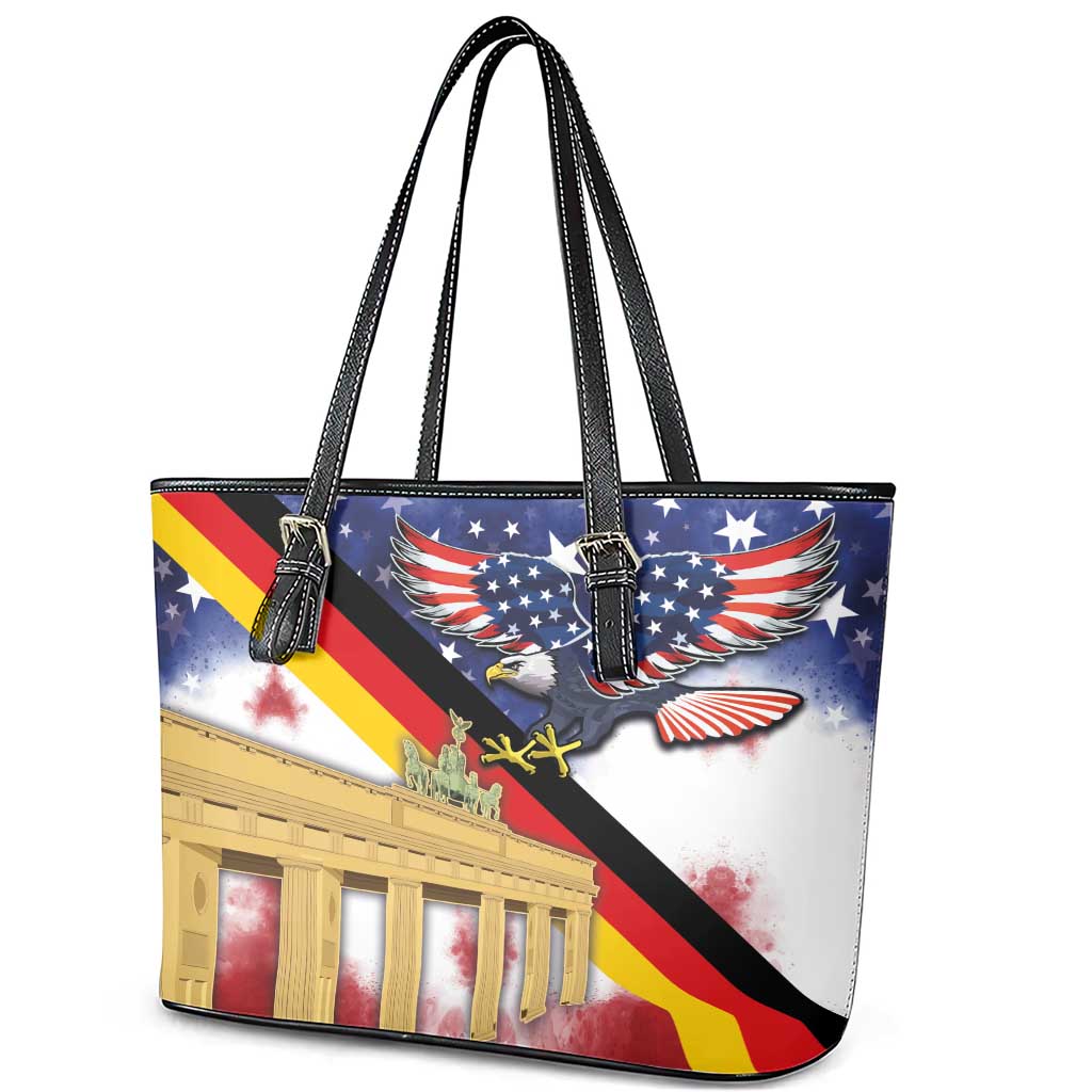 German American Heritage Month Leather Tote Bag United States Eagle and Brandenburg Gate with National Flag - Wonder Print Shop
