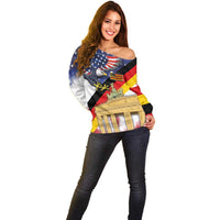 German American Heritage Month Off Shoulder Sweater United States Eagle and Brandenburg Gate with National Flag - Wonder Print Shop