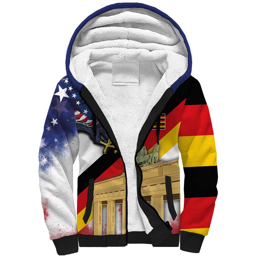 German American Heritage Month Sherpa Hoodie United States Eagle and Brandenburg Gate with National Flag - Wonder Print Shop