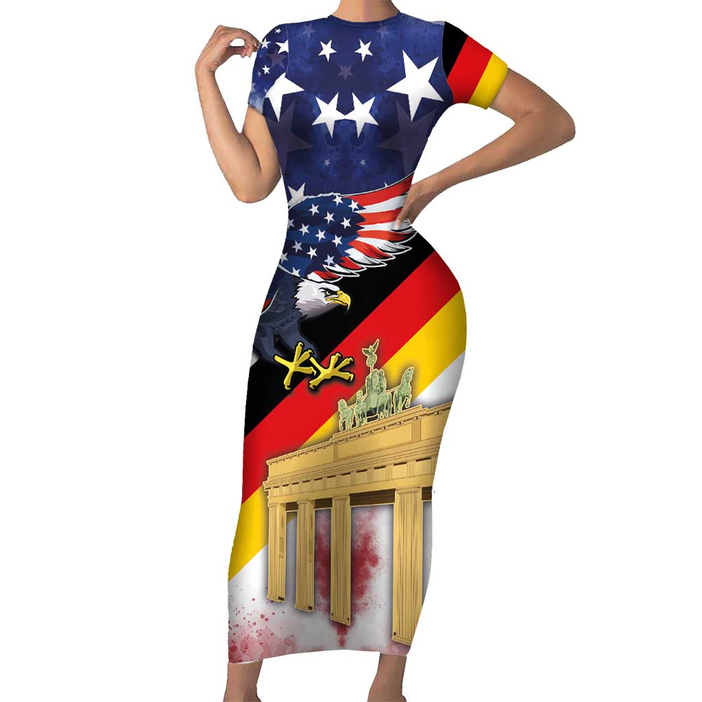 German American Heritage Month Short Sleeve Bodycon Dress United States Eagle and Brandenburg Gate with National Flag - Wonder Print Shop