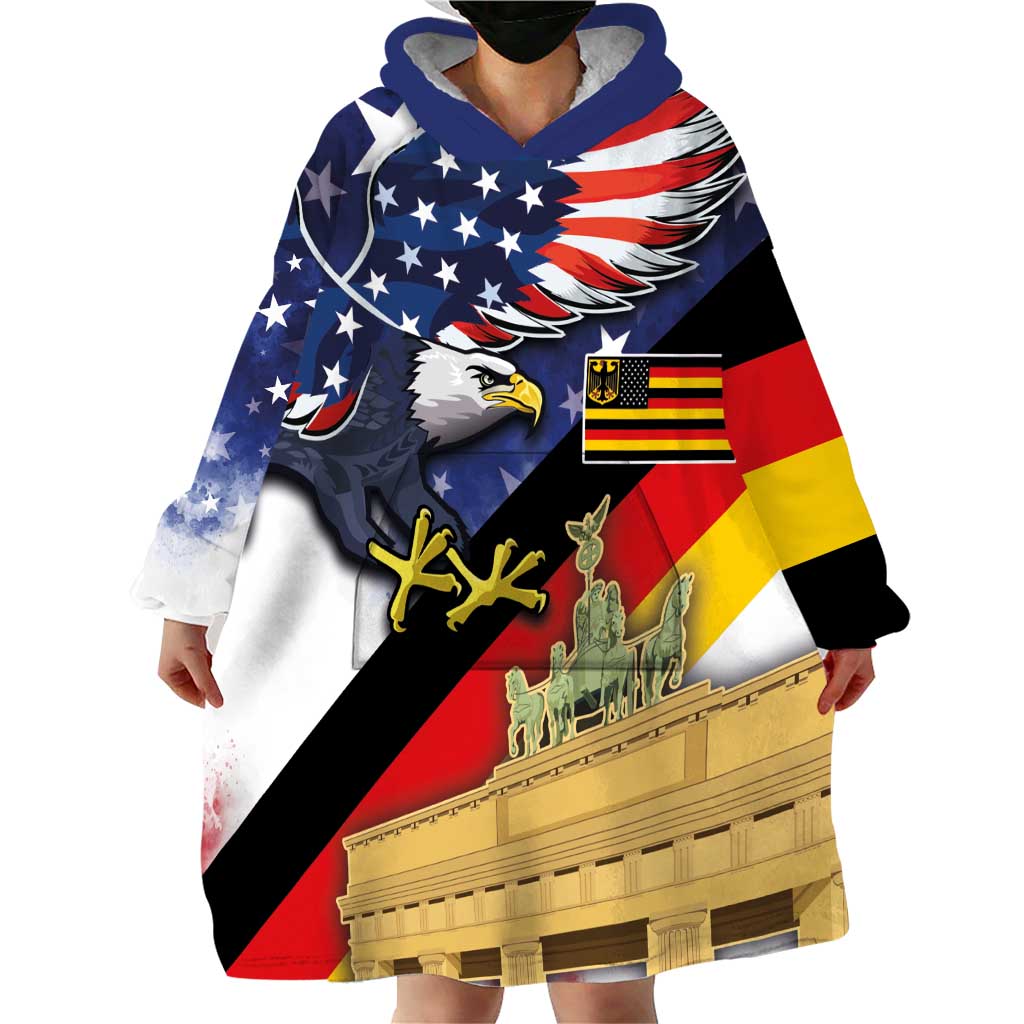 German American Heritage Month Wearable Blanket Hoodie United States Eagle and Brandenburg Gate with National Flag - Wonder Print Shop