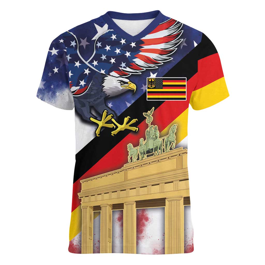 German American Heritage Month Women V-Neck T-Shirt United States Eagle and Brandenburg Gate with National Flag - Wonder Print Shop