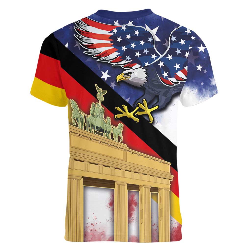 German American Heritage Month Women V-Neck T-Shirt United States Eagle and Brandenburg Gate with National Flag - Wonder Print Shop