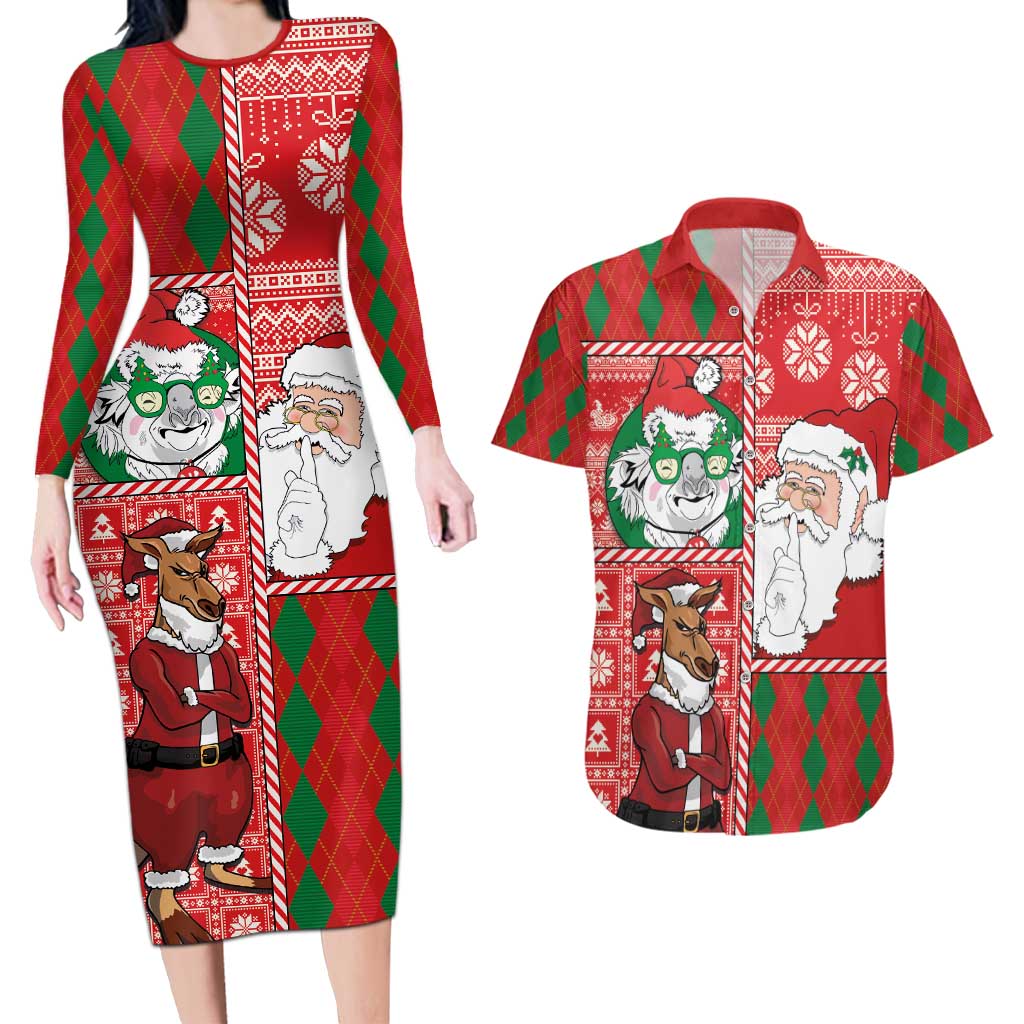 Australian Christmas Couples Matching Long Sleeve Bodycon Dress and Hawaiian Shirt - Santa Koala Kangaroo and Holiday Cheer - Wonder Print Shop