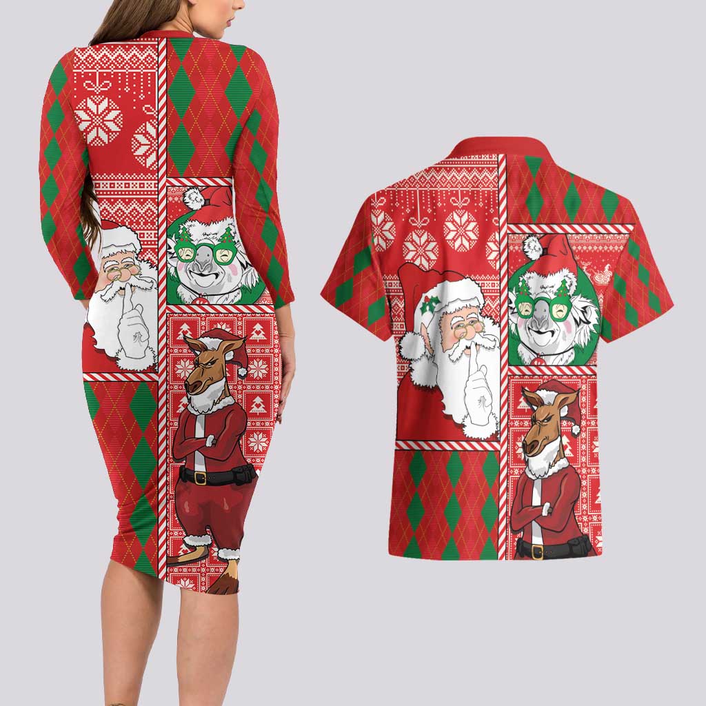 Australian Christmas Couples Matching Long Sleeve Bodycon Dress and Hawaiian Shirt - Santa Koala Kangaroo and Holiday Cheer - Wonder Print Shop