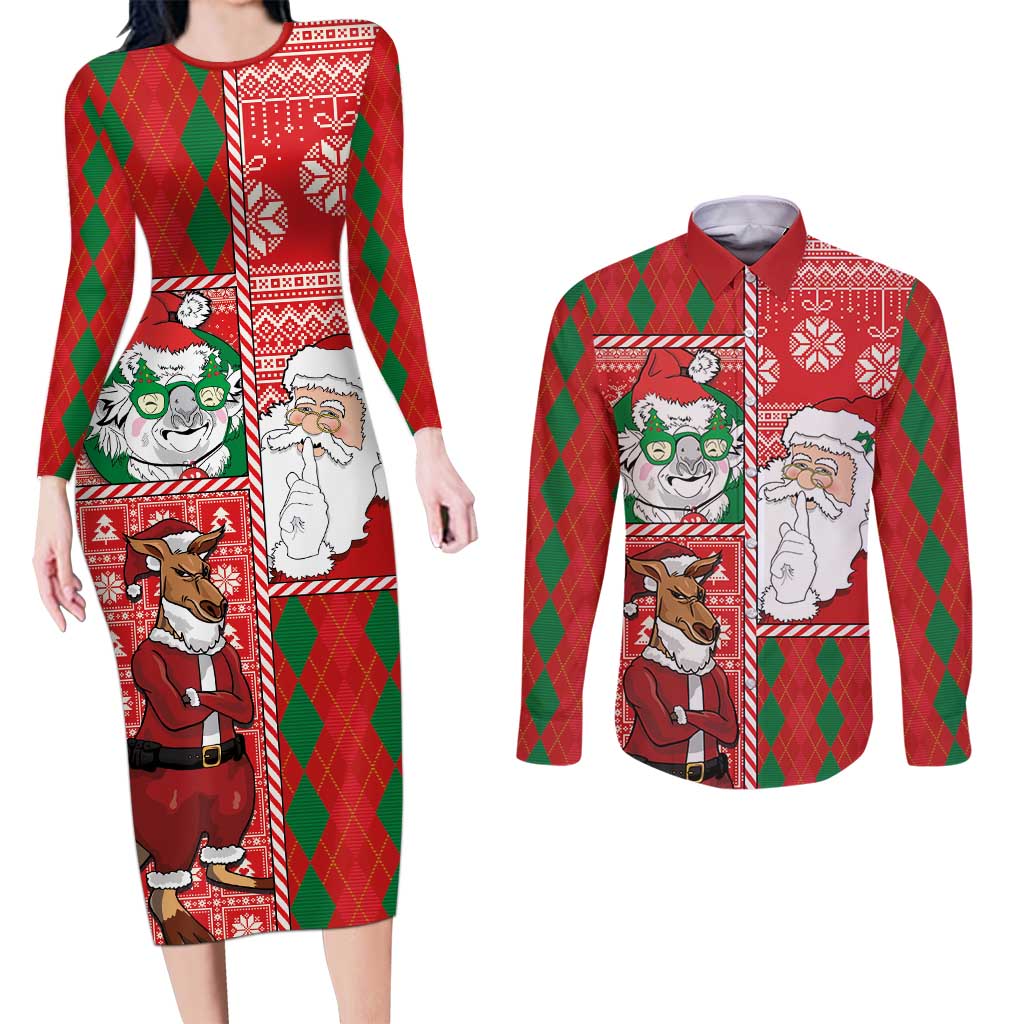 Australian Christmas Couples Matching Long Sleeve Bodycon Dress and Long Sleeve Button Shirt - Santa Koala Kangaroo and Holiday Cheer - Wonder Print Shop