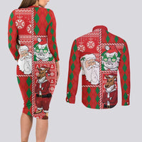 Australian Christmas Couples Matching Long Sleeve Bodycon Dress and Long Sleeve Button Shirt - Santa Koala Kangaroo and Holiday Cheer - Wonder Print Shop