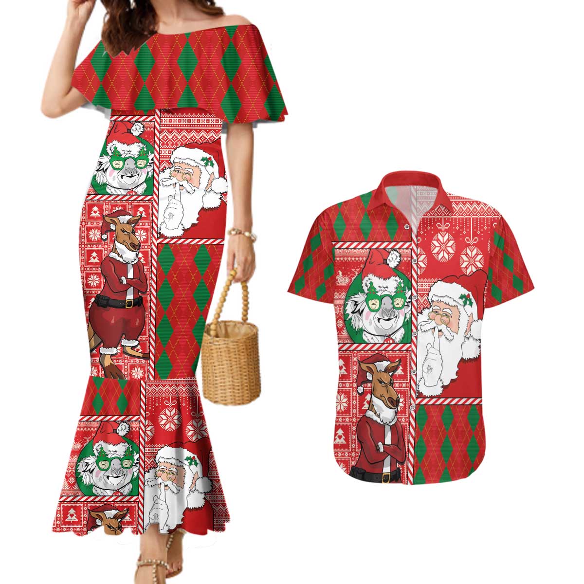 Australian Christmas Couples Matching Mermaid Dress and Hawaiian Shirt - Santa Koala Kangaroo and Holiday Cheer - Wonder Print Shop