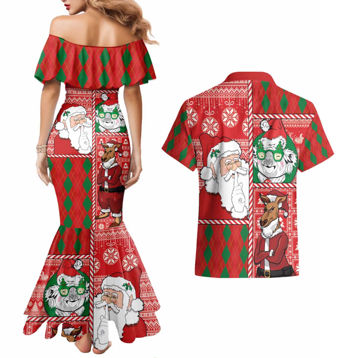 Australian Christmas Couples Matching Mermaid Dress and Hawaiian Shirt - Santa Koala Kangaroo and Holiday Cheer - Wonder Print Shop