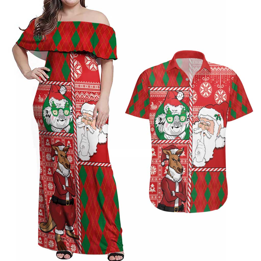 Australian Christmas Couples Matching Off Shoulder Maxi Dress and Hawaiian Shirt - Santa Koala Kangaroo and Holiday Cheer - Wonder Print Shop