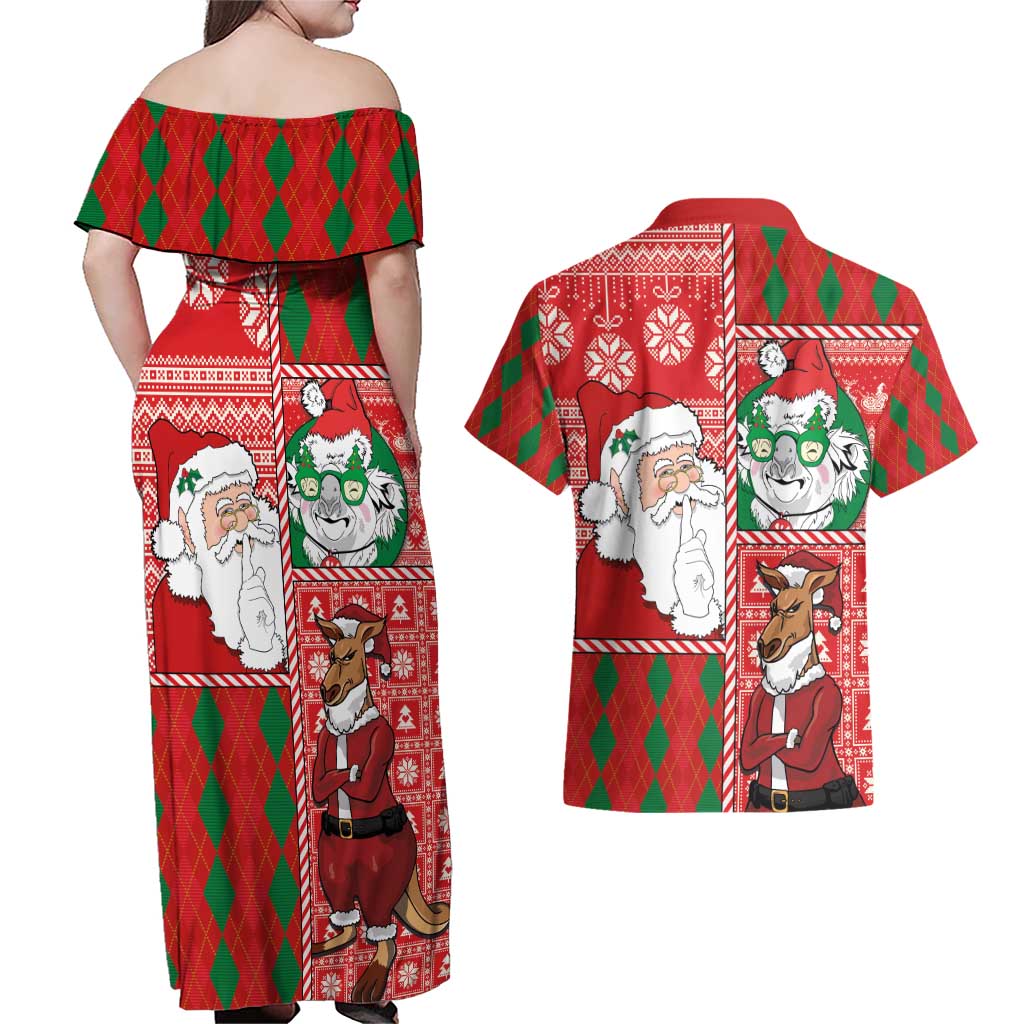 Australian Christmas Couples Matching Off Shoulder Maxi Dress and Hawaiian Shirt - Santa Koala Kangaroo and Holiday Cheer - Wonder Print Shop
