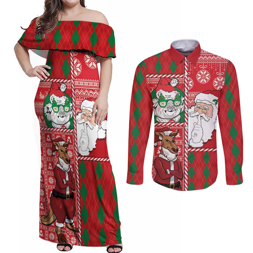 Australian Christmas Couples Matching Off Shoulder Maxi Dress and Long Sleeve Button Shirt - Santa Koala Kangaroo and Holiday Cheer - Wonder Print Shop