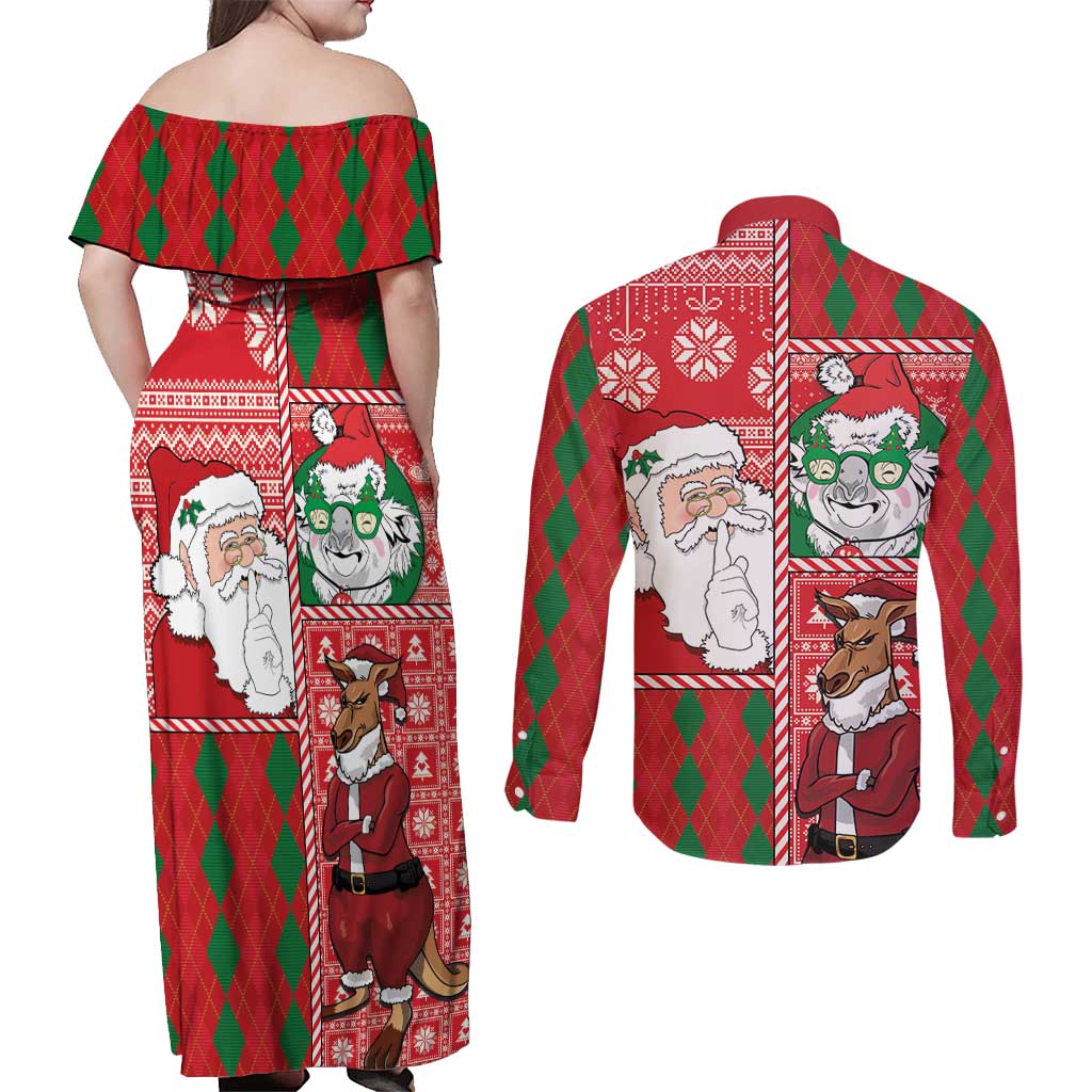 Australian Christmas Couples Matching Off Shoulder Maxi Dress and Long Sleeve Button Shirt - Santa Koala Kangaroo and Holiday Cheer - Wonder Print Shop