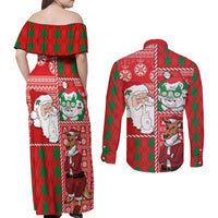 Australian Christmas Couples Matching Off Shoulder Maxi Dress and Long Sleeve Button Shirt - Santa Koala Kangaroo and Holiday Cheer - Wonder Print Shop