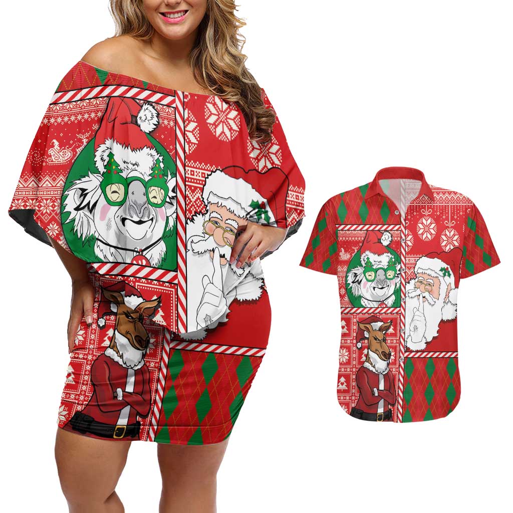 Australian Christmas Couples Matching Off Shoulder Short Dress and Hawaiian Shirt - Santa Koala Kangaroo and Holiday Cheer - Wonder Print Shop