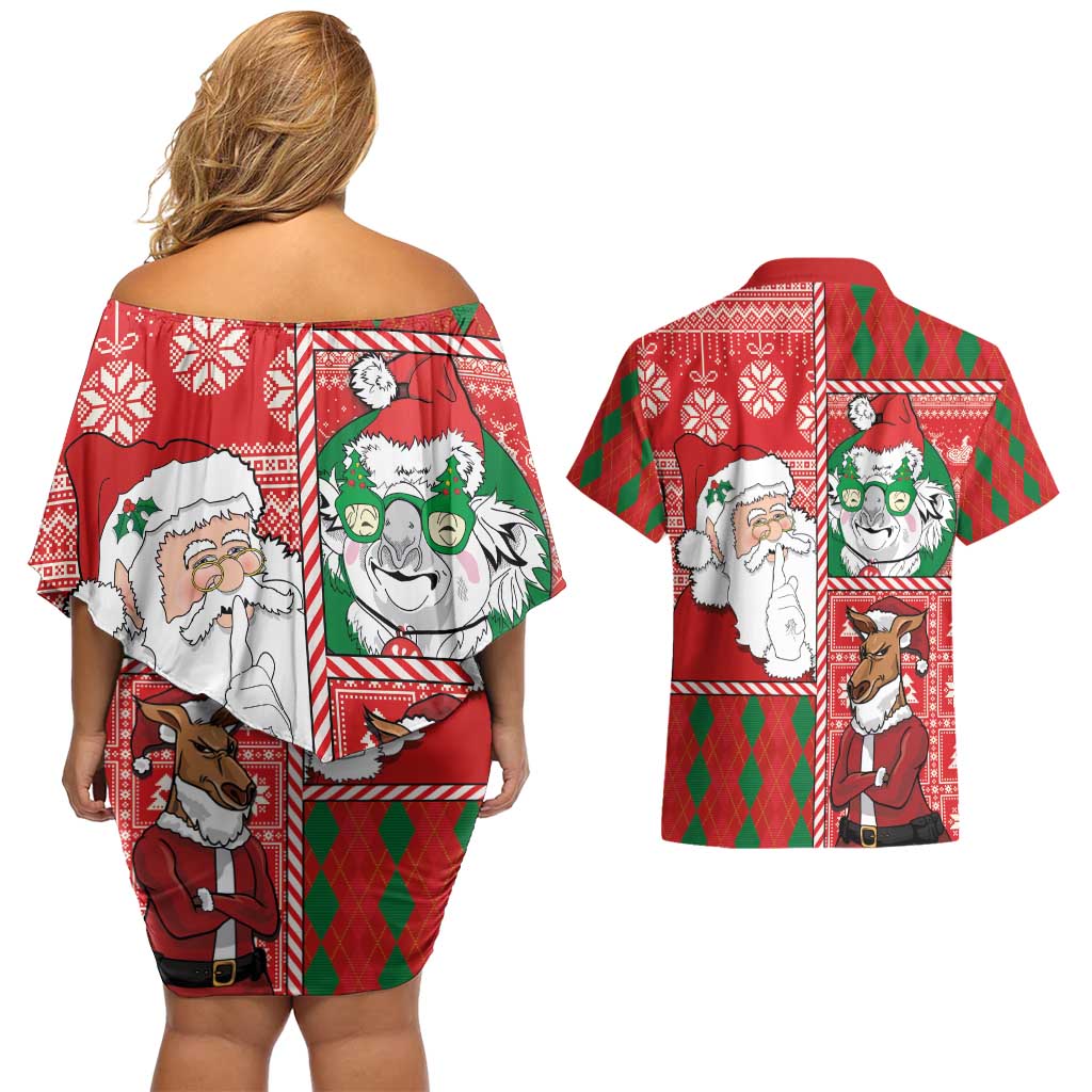 Australian Christmas Couples Matching Off Shoulder Short Dress and Hawaiian Shirt - Santa Koala Kangaroo and Holiday Cheer - Wonder Print Shop