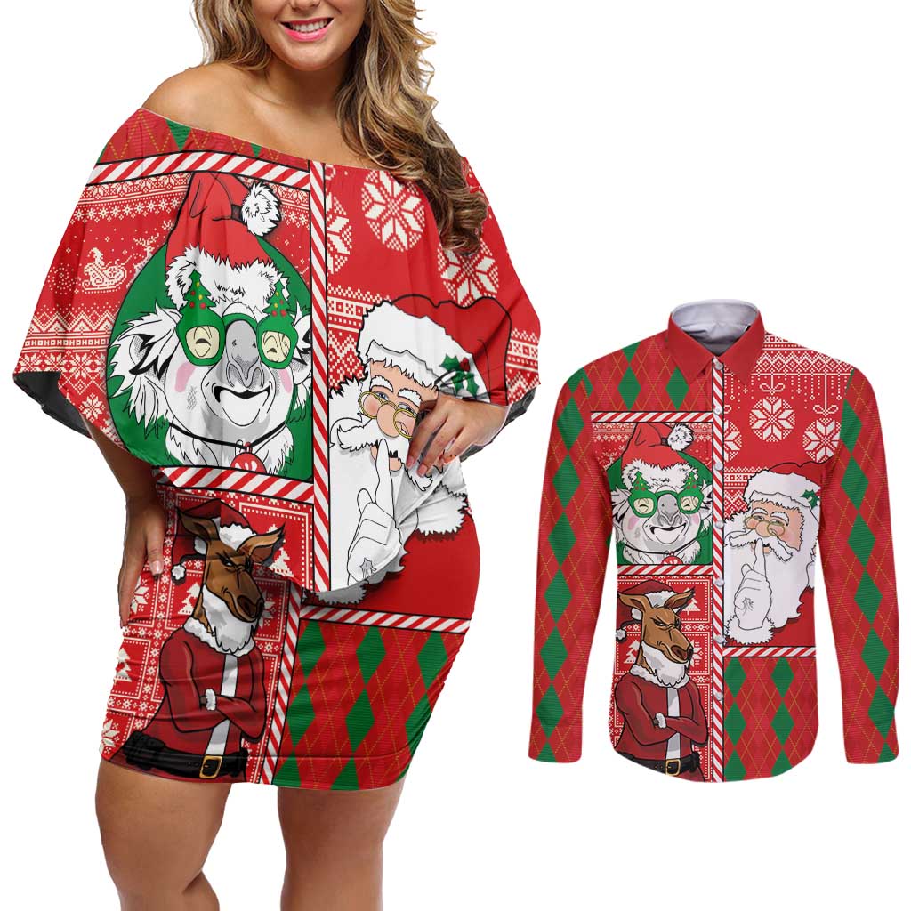 Australian Christmas Couples Matching Off Shoulder Short Dress and Long Sleeve Button Shirt - Santa Koala Kangaroo and Holiday Cheer - Wonder Print Shop