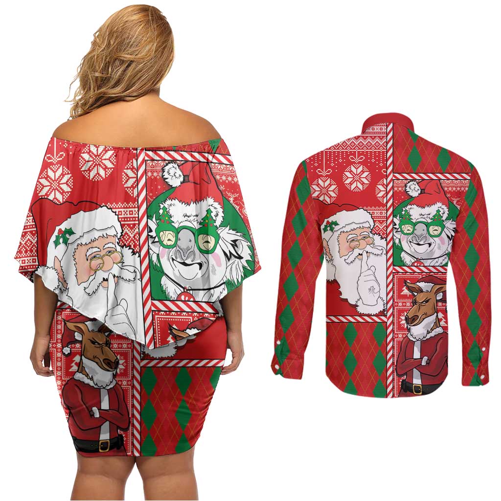 Australian Christmas Couples Matching Off Shoulder Short Dress and Long Sleeve Button Shirt - Santa Koala Kangaroo and Holiday Cheer - Wonder Print Shop