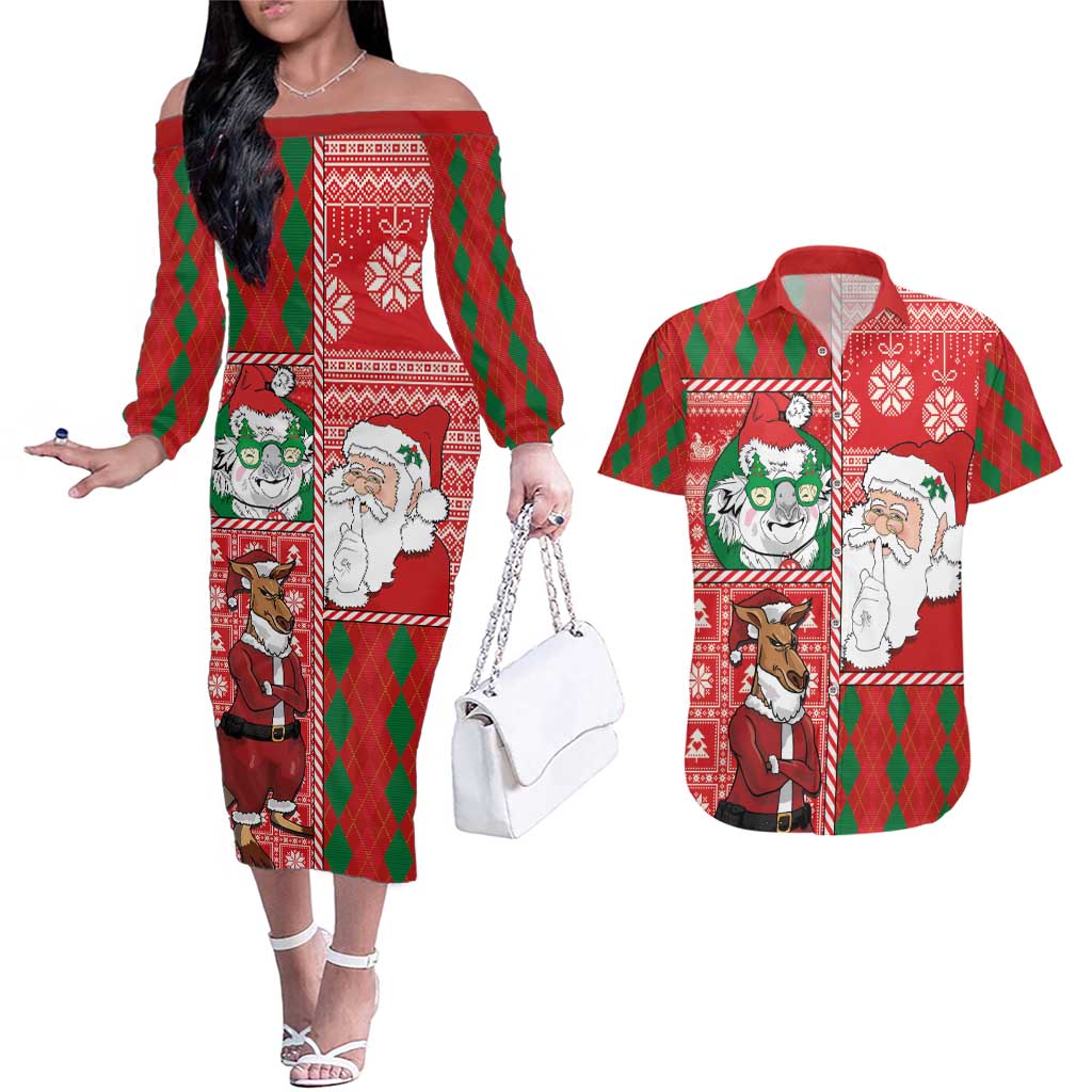 Australian Christmas Couples Matching Off The Shoulder Long Sleeve Dress and Hawaiian Shirt - Santa Koala Kangaroo and Holiday Cheer - Wonder Print Shop
