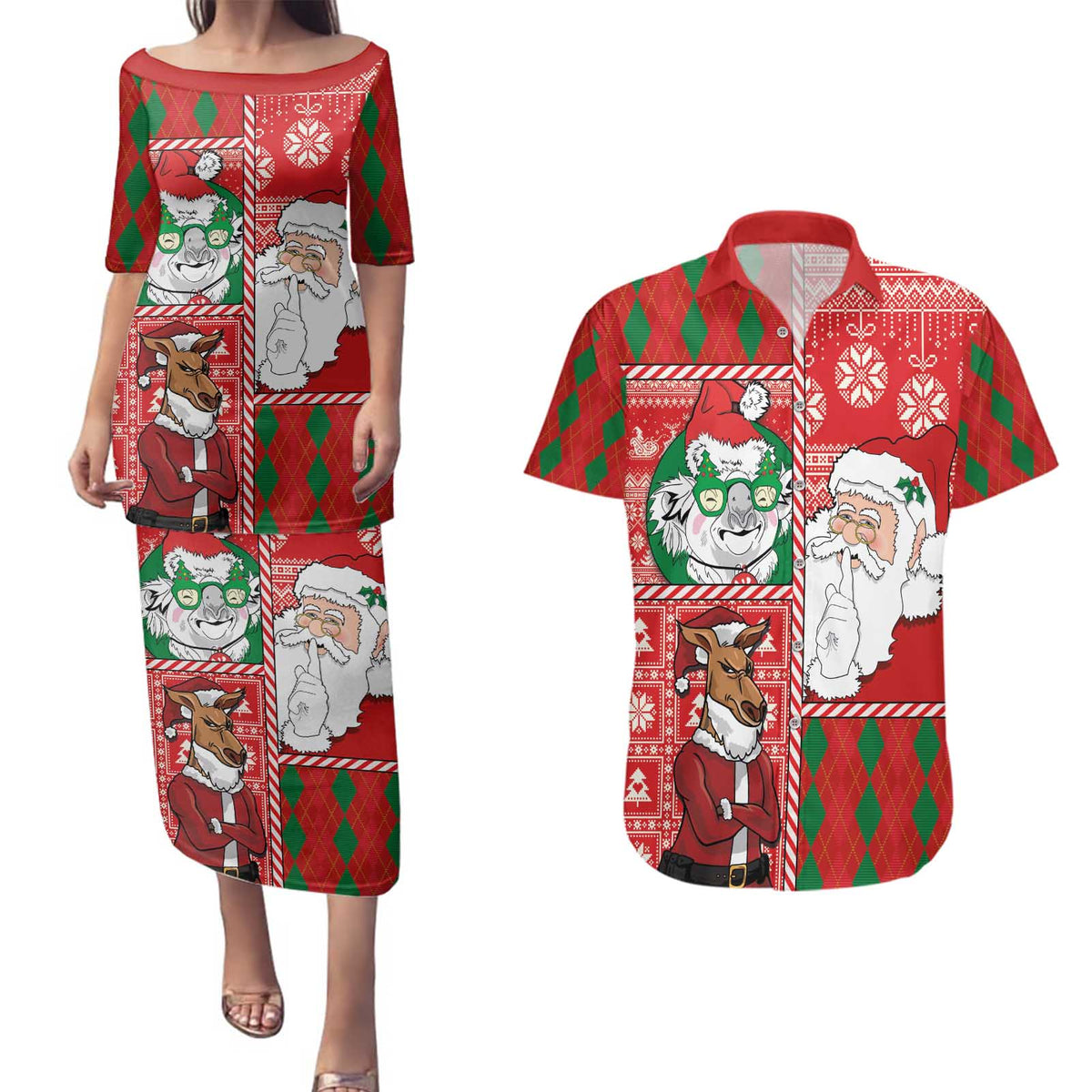 Australian Christmas Couples Matching Puletasi and Hawaiian Shirt - Santa Koala Kangaroo and Holiday Cheer - Wonder Print Shop
