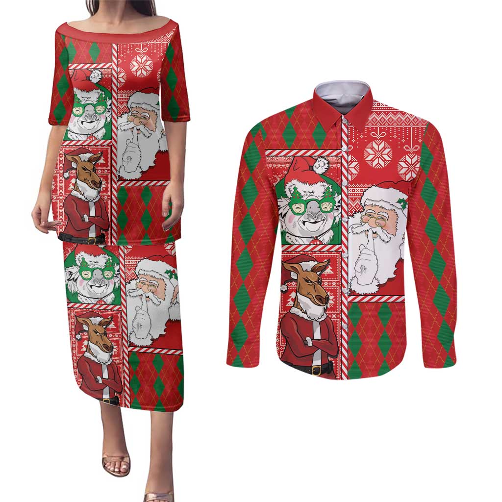 Australian Christmas Couples Matching Puletasi and Long Sleeve Button Shirt - Santa Koala Kangaroo and Holiday Cheer - Wonder Print Shop