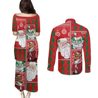 Australian Christmas Couples Matching Puletasi and Long Sleeve Button Shirt - Santa Koala Kangaroo and Holiday Cheer - Wonder Print Shop