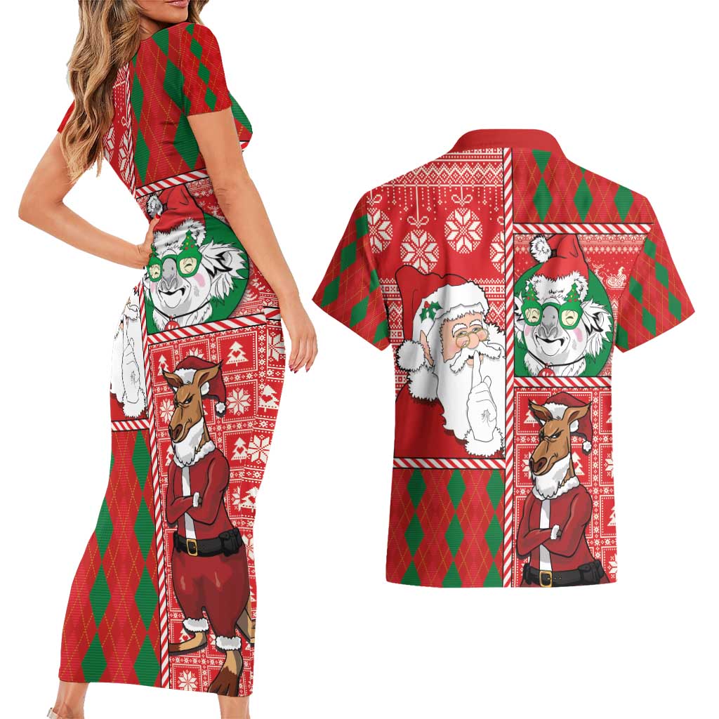Australian Christmas Couples Matching Short Sleeve Bodycon Dress and Hawaiian Shirt - Santa Koala Kangaroo and Holiday Cheer - Wonder Print Shop