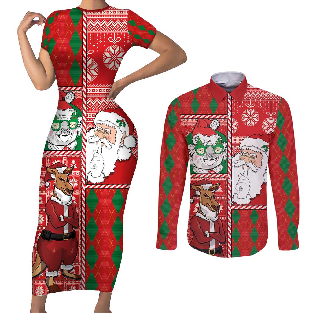 Australian Christmas Couples Matching Short Sleeve Bodycon Dress and Long Sleeve Button Shirt - Santa Koala Kangaroo and Holiday Cheer - Wonder Print Shop