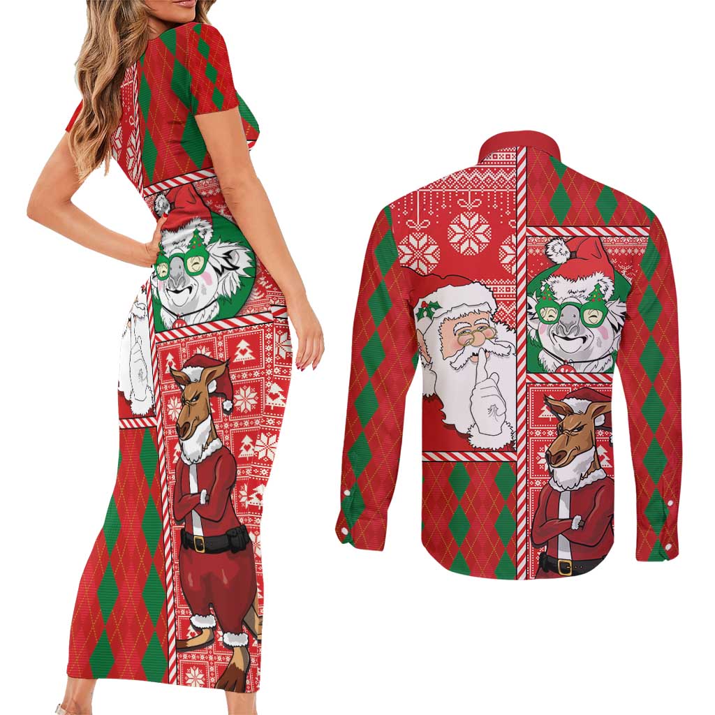 Australian Christmas Couples Matching Short Sleeve Bodycon Dress and Long Sleeve Button Shirt - Santa Koala Kangaroo and Holiday Cheer - Wonder Print Shop
