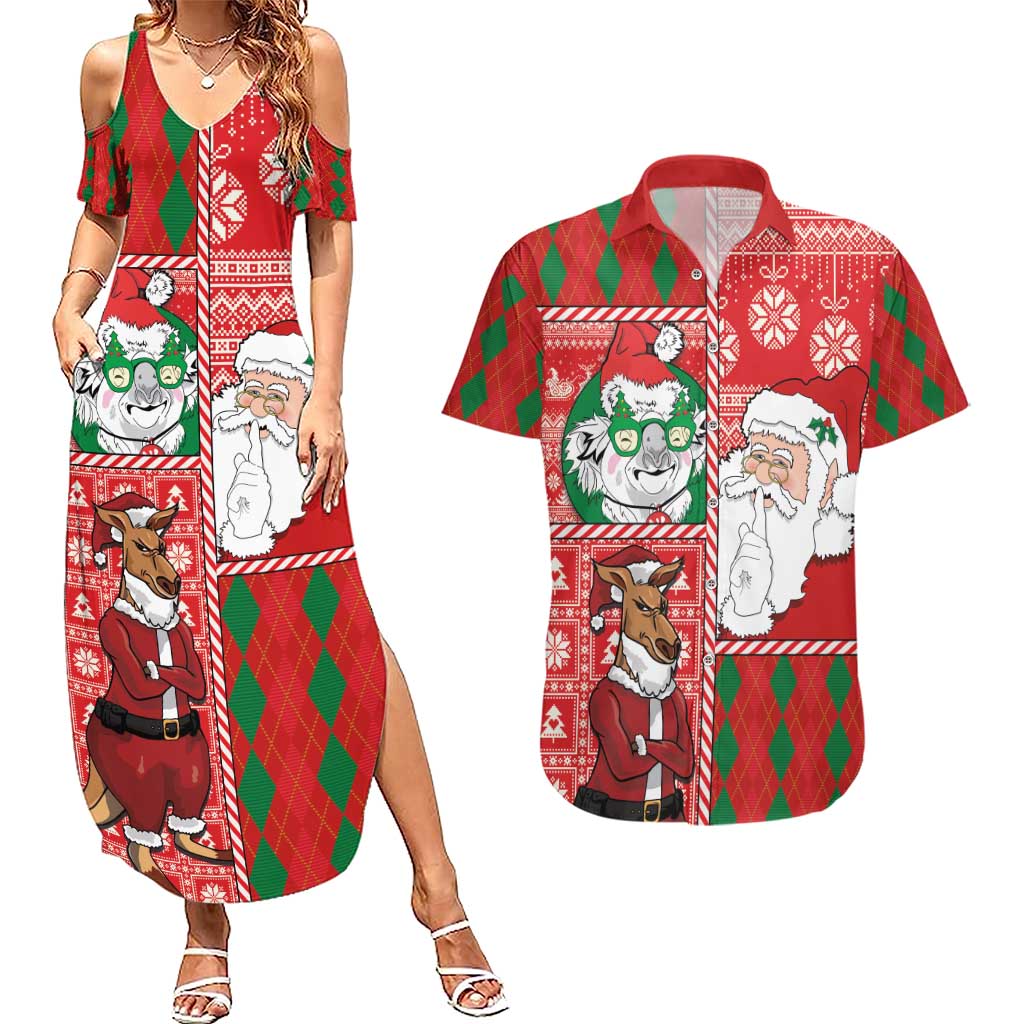 Australian Christmas Couples Matching Summer Maxi Dress and Hawaiian Shirt - Santa Koala Kangaroo and Holiday Cheer - Wonder Print Shop