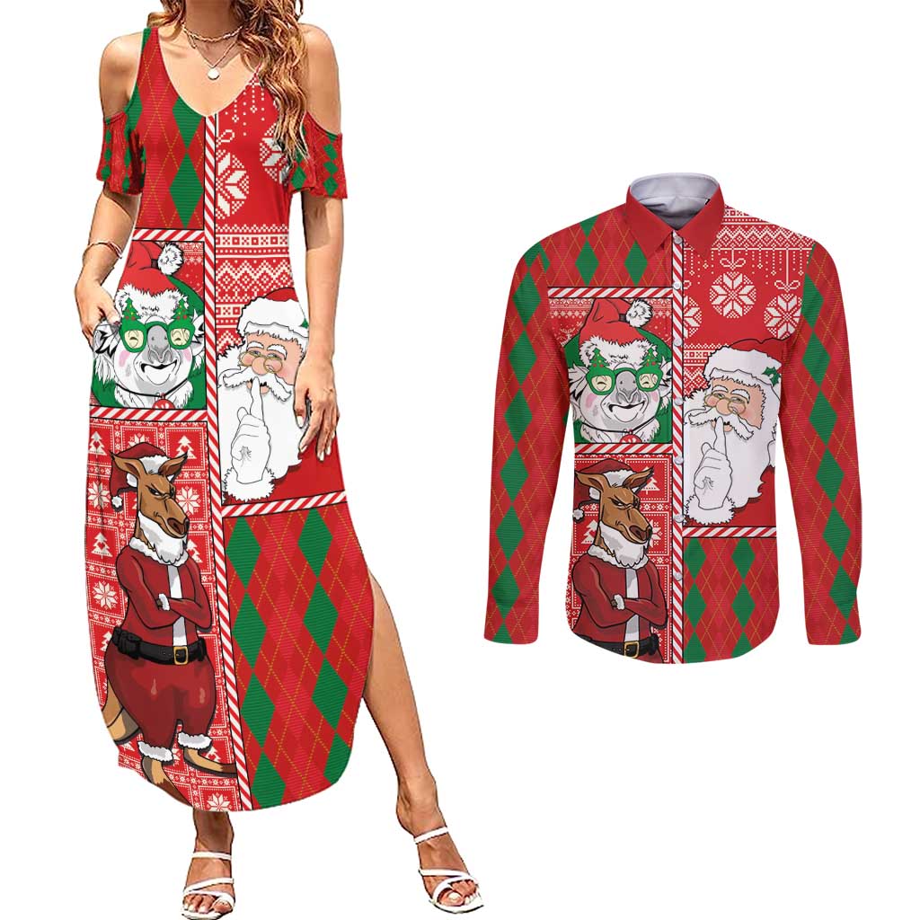 Australian Christmas Couples Matching Summer Maxi Dress and Long Sleeve Button Shirt - Santa Koala Kangaroo and Holiday Cheer - Wonder Print Shop
