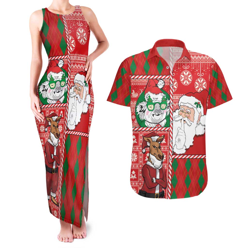 Australian Christmas Couples Matching Tank Maxi Dress and Hawaiian Shirt - Santa Koala Kangaroo and Holiday Cheer - Wonder Print Shop