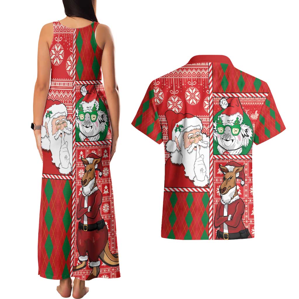 Australian Christmas Couples Matching Tank Maxi Dress and Hawaiian Shirt - Santa Koala Kangaroo and Holiday Cheer - Wonder Print Shop