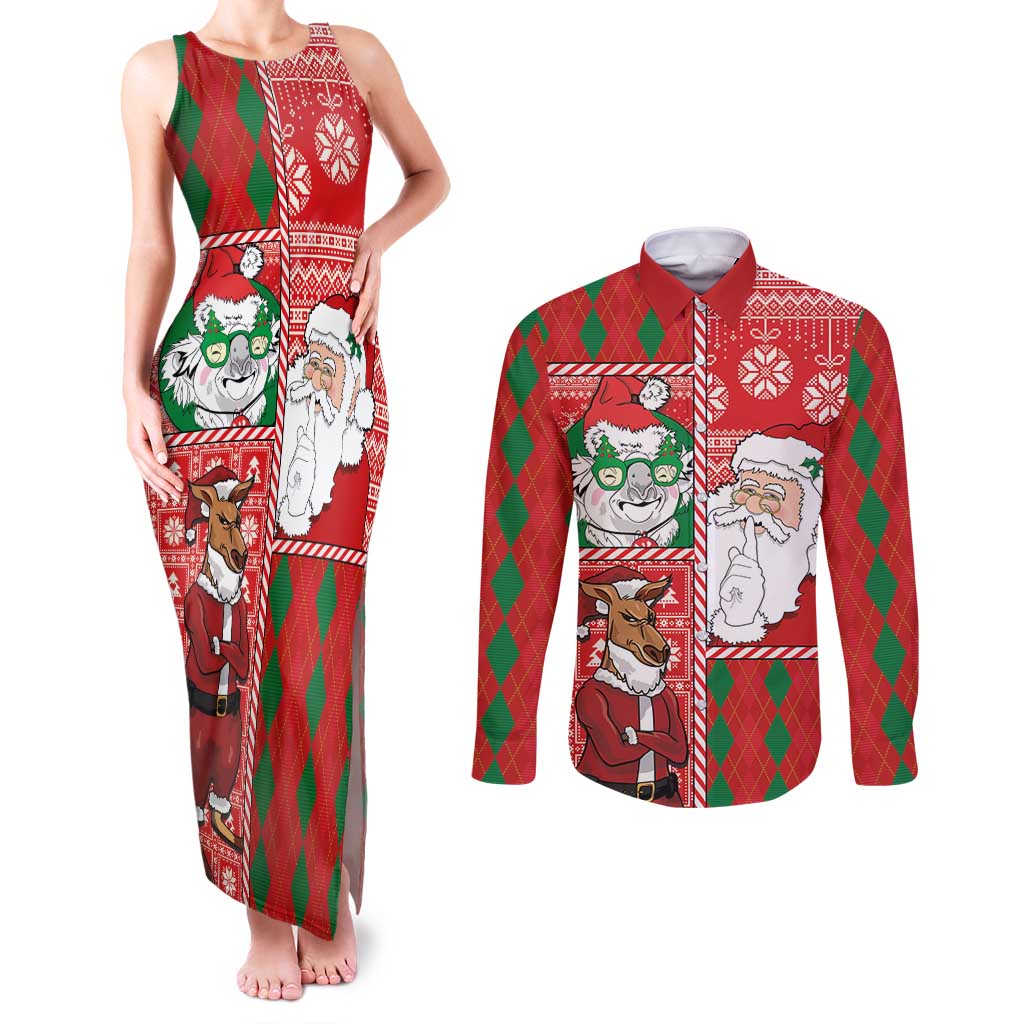 Australian Christmas Couples Matching Tank Maxi Dress and Long Sleeve Button Shirt - Santa Koala Kangaroo and Holiday Cheer - Wonder Print Shop