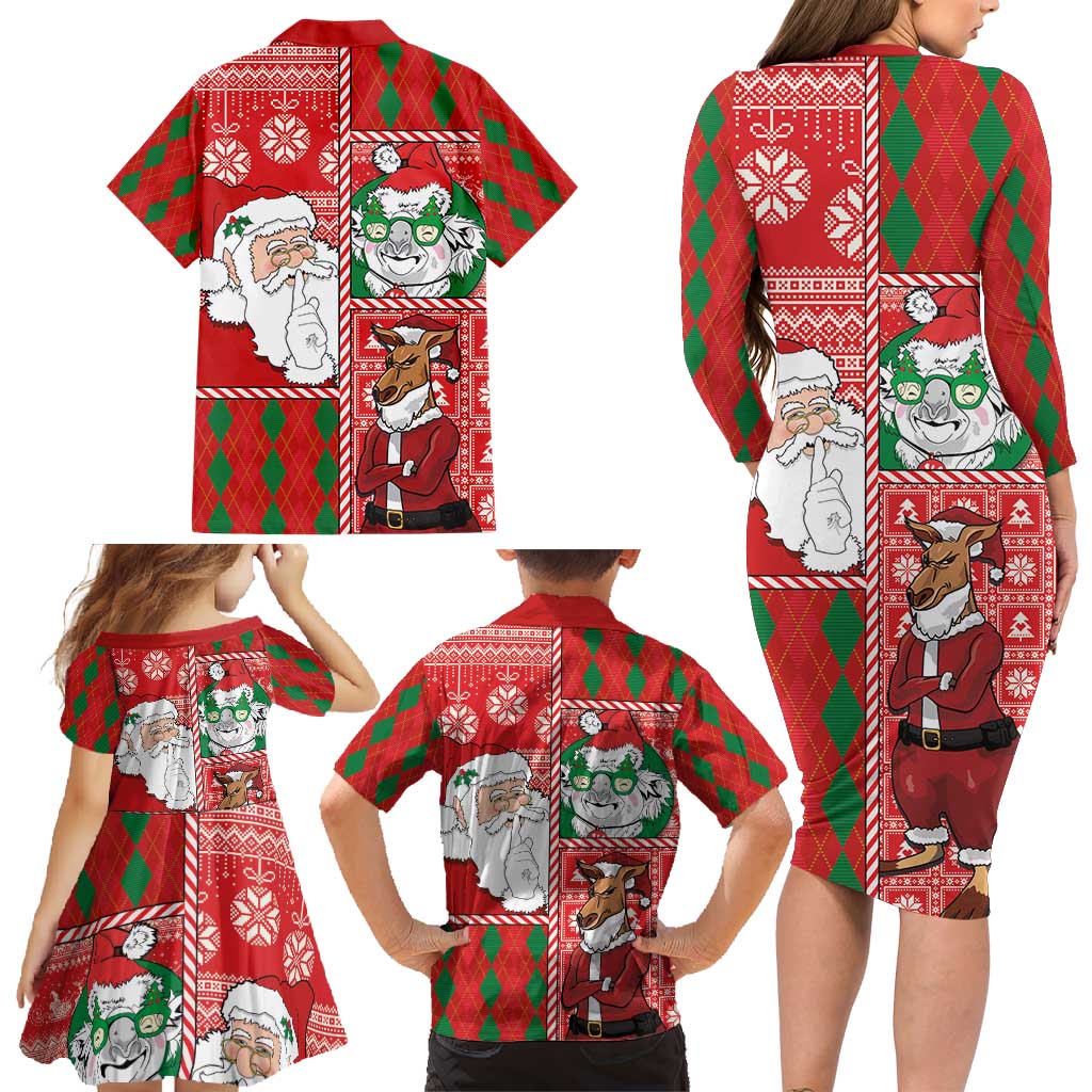 Australian Christmas Family Matching Long Sleeve Bodycon Dress and Hawaiian Shirt - Santa Koala Kangaroo and Holiday Cheer - Wonder Print Shop