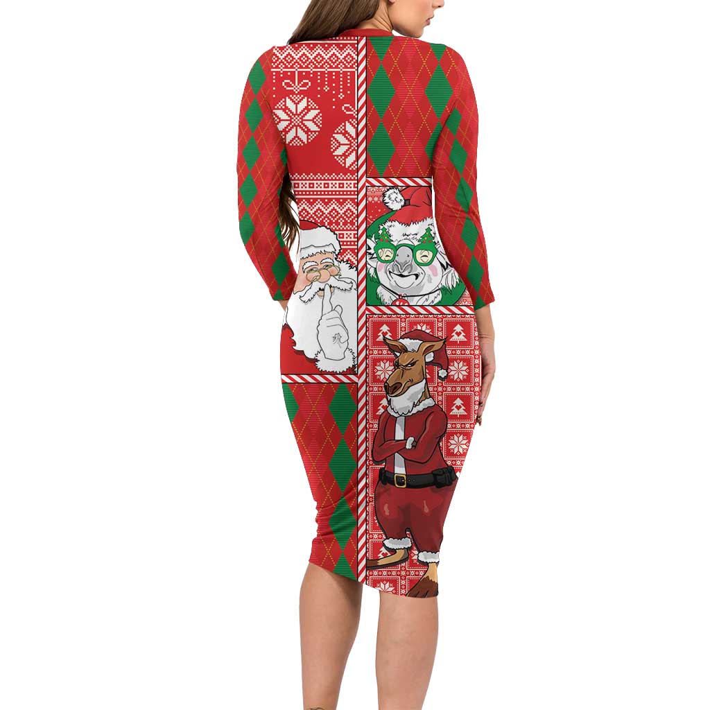 Australian Christmas Family Matching Long Sleeve Bodycon Dress and Hawaiian Shirt - Santa Koala Kangaroo and Holiday Cheer - Wonder Print Shop