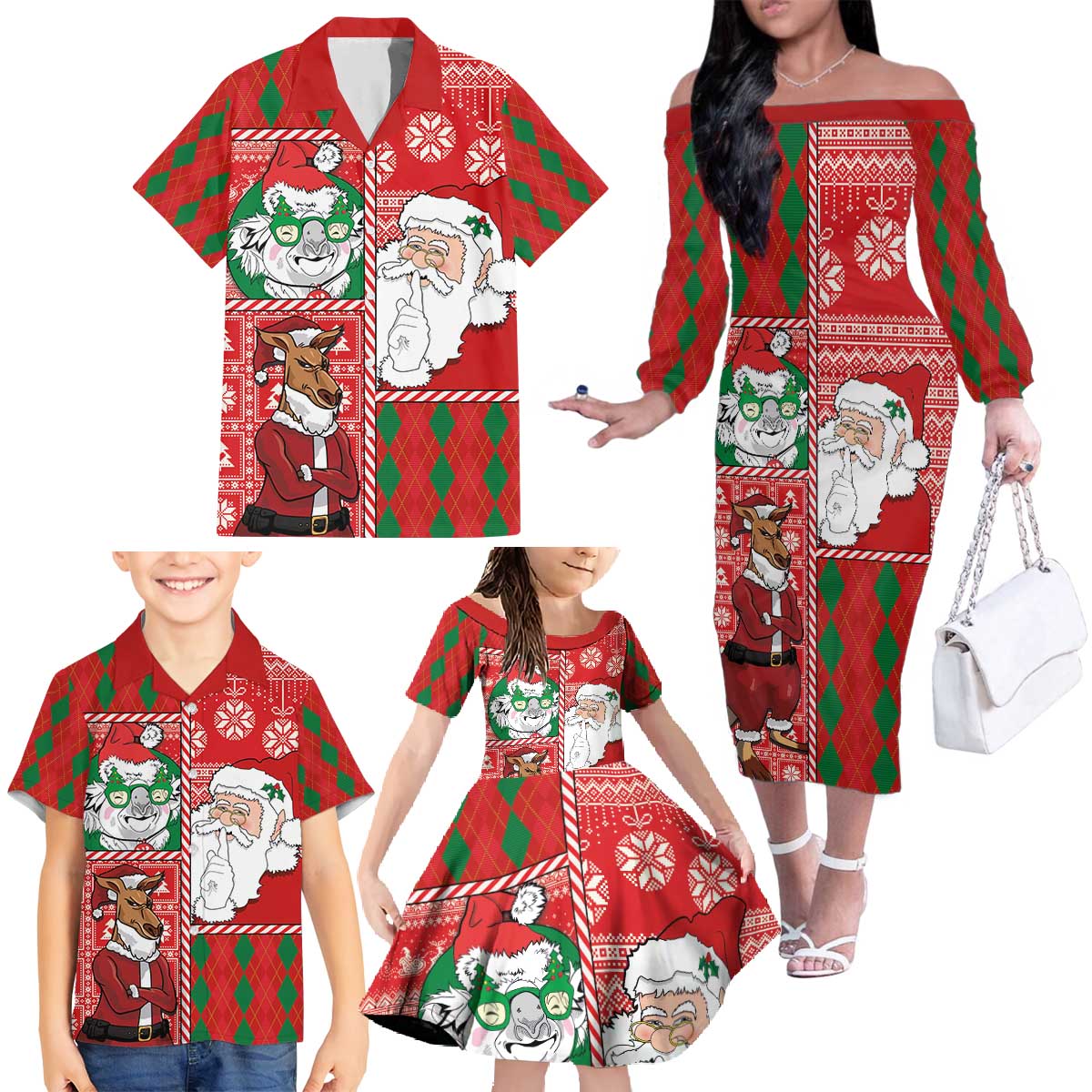 Australian Christmas Family Matching Off The Shoulder Long Sleeve Dress and Hawaiian Shirt - Santa Koala Kangaroo and Holiday Cheer - Wonder Print Shop