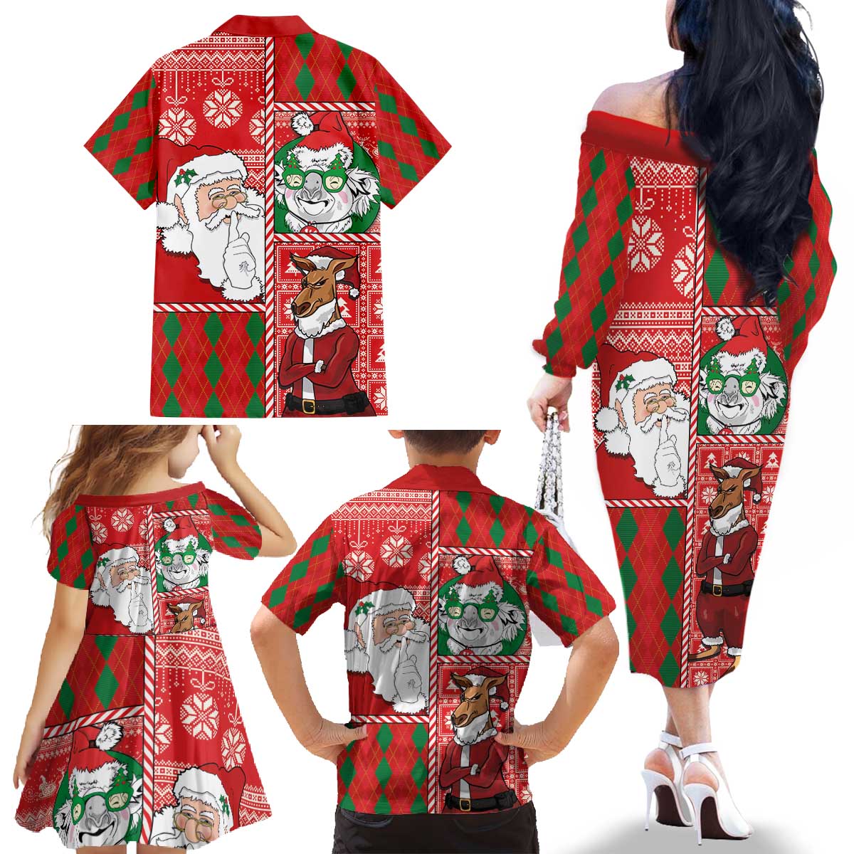Australian Christmas Family Matching Off The Shoulder Long Sleeve Dress and Hawaiian Shirt - Santa Koala Kangaroo and Holiday Cheer - Wonder Print Shop