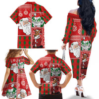 Australian Christmas Family Matching Off The Shoulder Long Sleeve Dress and Hawaiian Shirt - Santa Koala Kangaroo and Holiday Cheer - Wonder Print Shop