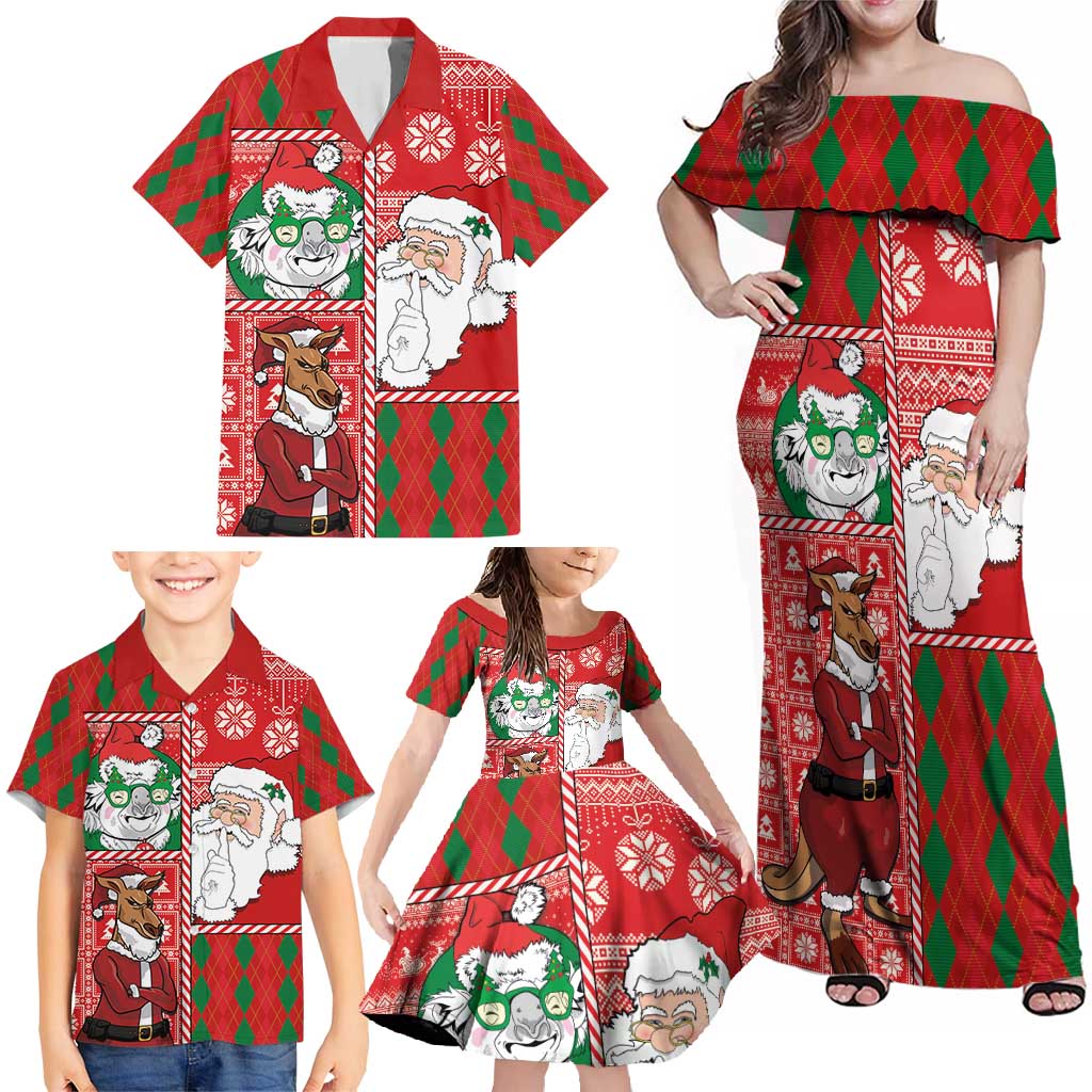 Australian Christmas Family Matching Off Shoulder Maxi Dress and Hawaiian Shirt - Santa Koala Kangaroo and Holiday Cheer - Wonder Print Shop