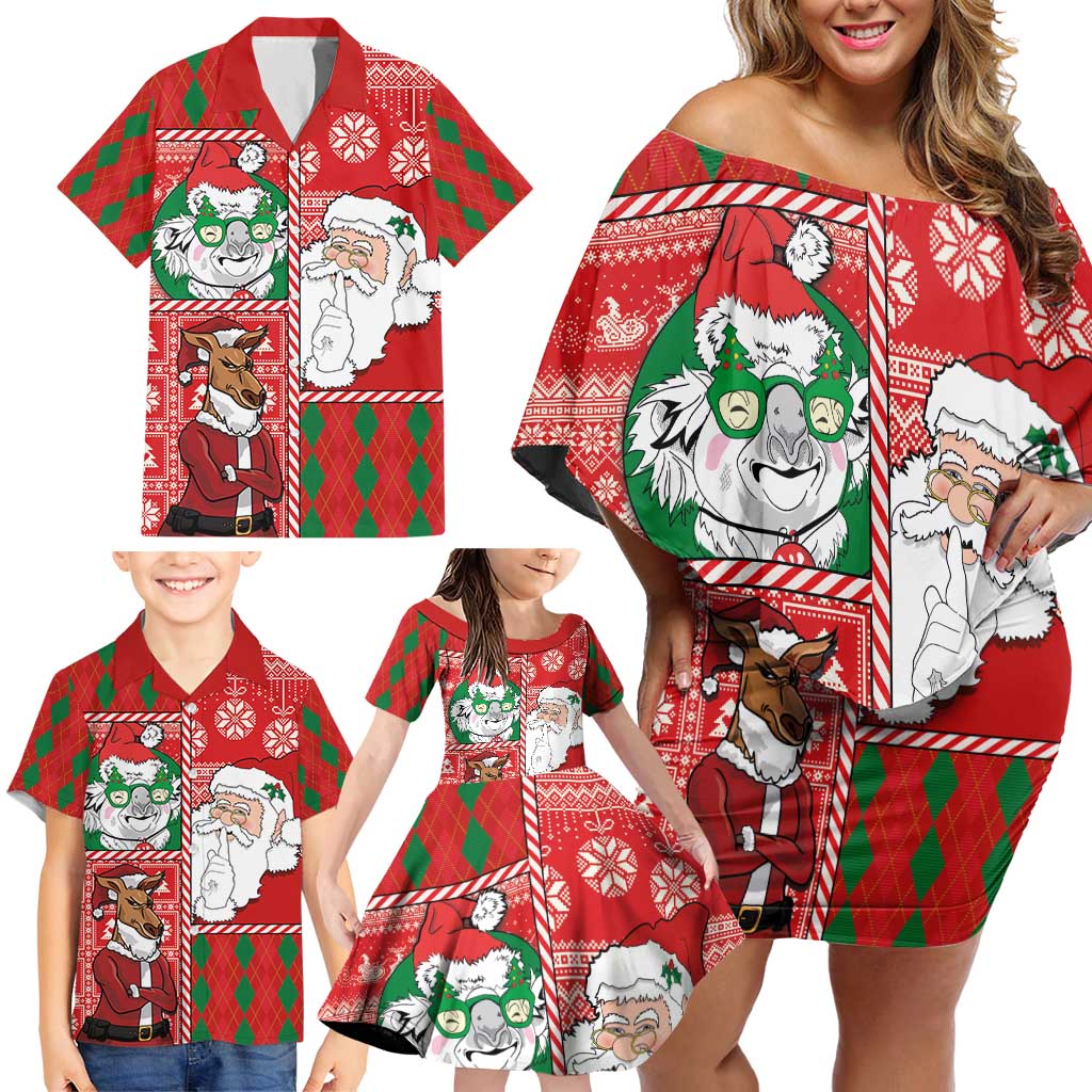 Australian Christmas Family Matching Off Shoulder Short Dress and Hawaiian Shirt - Santa Koala Kangaroo and Holiday Cheer - Wonder Print Shop